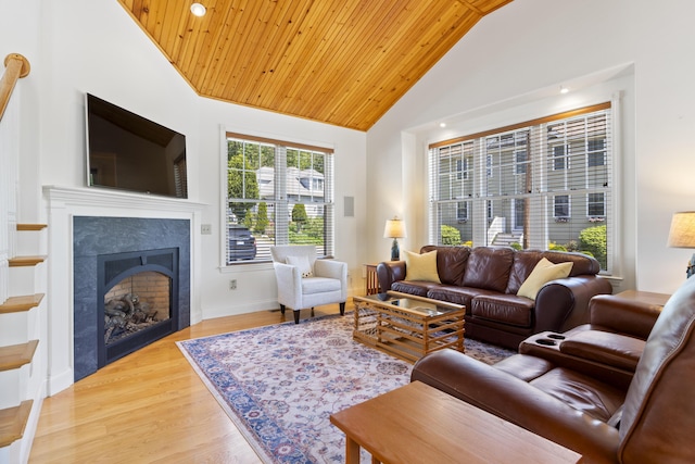 6 Norton Ave Extension, York, ME 03909 - living room with wood ceiling, a fireplace, high vaulted ceiling, wood finished floors, and baseboards