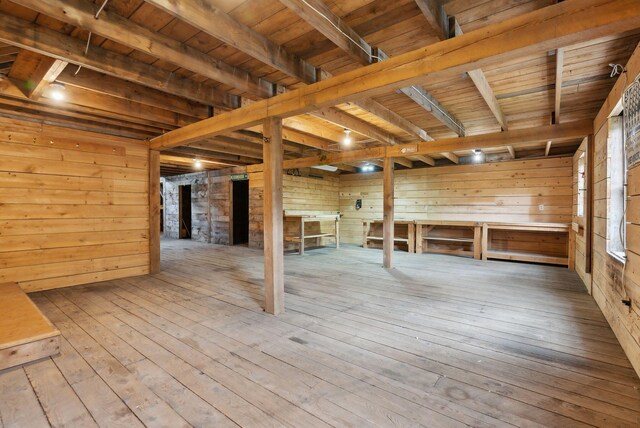 20 Motorcycle Dr, Windham, ME 04062 - interior space with wooden walls, wooden ceiling with exposed beams, and hardwood / wood-style floors