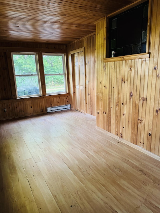 156 Railroad St, Clinton, ME 04927 - spare room featuring a baseboard heating unit, wooden ceiling, hardwood / wood-style floors, and wooden walls