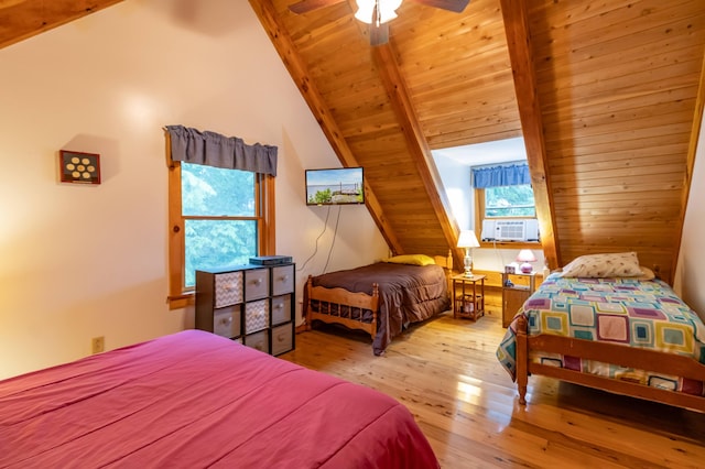 32 Sandy Beach Rd, Danforth, ME 04424 - bedroom with hardwood / wood-style flooring, cooling unit, wooden ceiling, and a ceiling fan