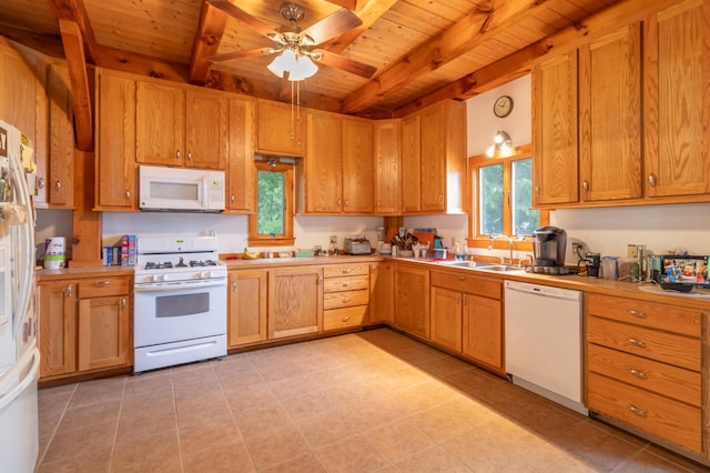 32 Sandy Beach Rd, Danforth, ME 04424 - kitchen featuring white appliances, wooden ceiling with exposed beams, light countertops, a sink, and ceiling fan