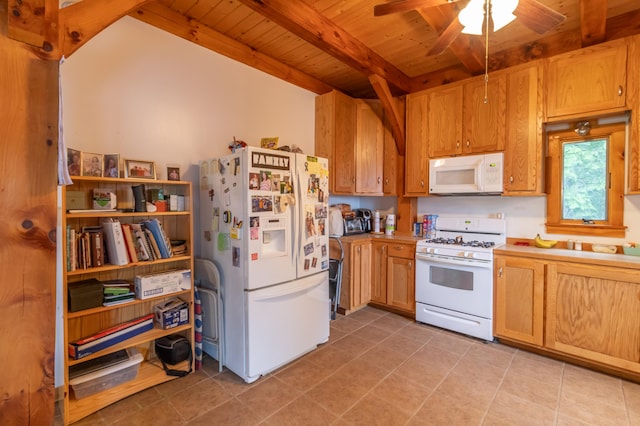 32 Sandy Beach Rd, Danforth, ME 04424 - kitchen with white appliances, wooden ceiling with exposed beams, light countertops, light tile patterned floors, and ceiling fan