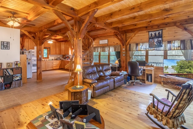 32 Sandy Beach Rd, Danforth, ME 04424 - living area with a ceiling fan, a desk, wooden ceiling with exposed beams, and light wood-type flooring