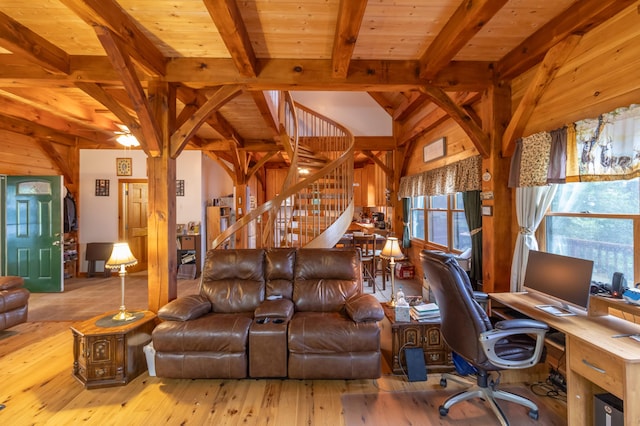 32 Sandy Beach Rd, Danforth, ME 04424 - office space featuring wooden walls, wood-type flooring, and beamed ceiling