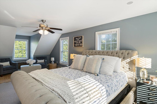 3 Highpointe Cir, Kittery, ME 03904 - bedroom featuring multiple windows, vaulted ceiling, a ceiling fan, and carpet