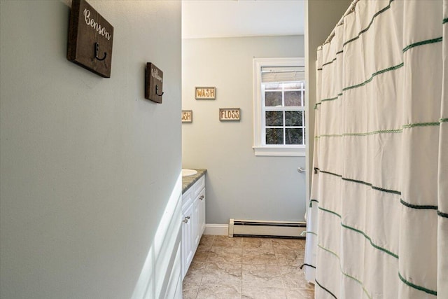 3 Highpointe Cir, Kittery, ME 03904 - full bathroom featuring baseboard heating, vanity, baseboards, a shower with shower curtain, and marble finish floors