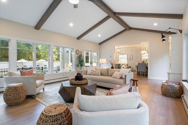 3 Highpointe Cir, Kittery, ME 03904 - living area with baseboard heating, wood finished floors, baseboards, recessed lighting, and ceiling fan