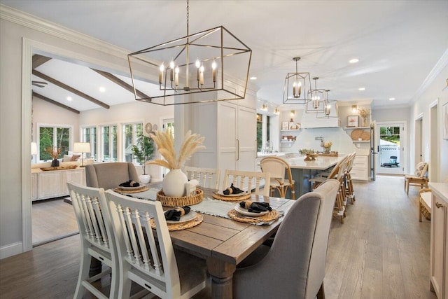 3 Highpointe Cir, Kittery, ME 03904 - dining area featuring a chandelier, recessed lighting, crown molding, and dark wood-style floors