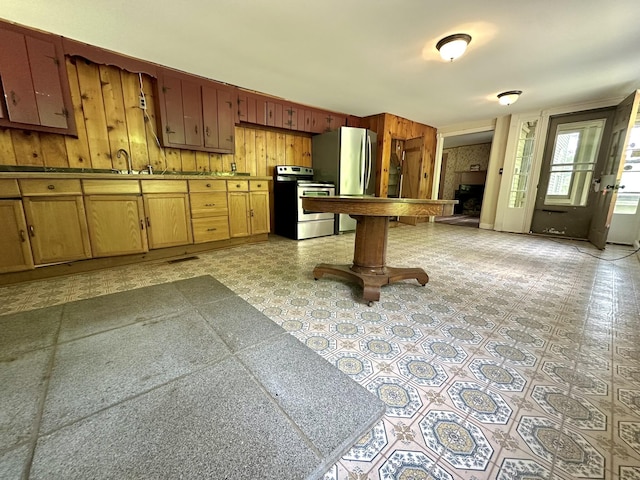 13 Mountain Rd, Newfield, ME 04095 - kitchen with stainless steel appliances, wood walls, a sink, and light floors