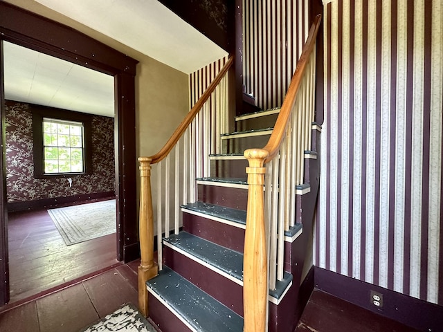 13 Mountain Rd, Newfield, ME 04095 - staircase featuring wallpapered walls and hardwood / wood-style flooring