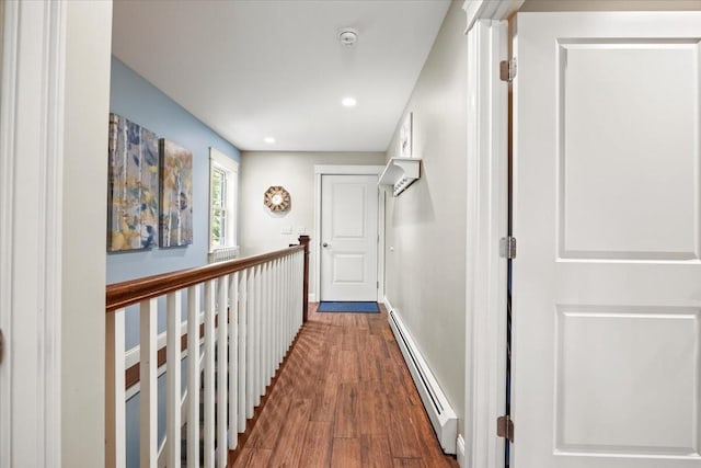 64 New Settlement Rd, Hiram, ME 04041 - hall with a baseboard radiator, wood finished floors, and recessed lighting