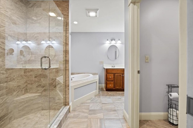 64 New Settlement Rd, Hiram, ME 04041 - full bath with vanity, a stall shower, and a garden tub