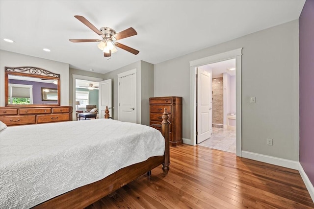 64 New Settlement Rd, Hiram, ME 04041 - bedroom featuring wood-type flooring, recessed lighting, ensuite bath, and a ceiling fan