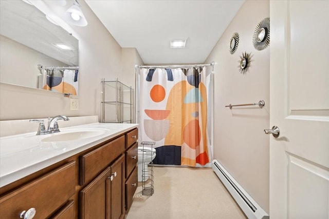 64 New Settlement Rd, Hiram, ME 04041 - bathroom featuring baseboard heating, vanity, and a shower with shower curtain