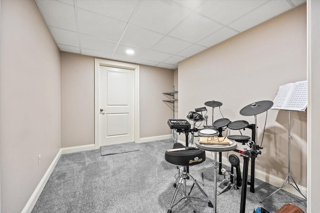 64 New Settlement Rd, Hiram, ME 04041 - rec room featuring carpet floors, a drop ceiling, and recessed lighting