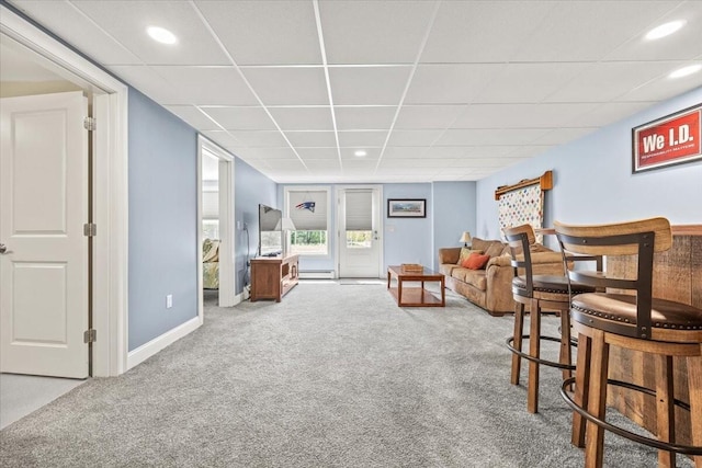 64 New Settlement Rd, Hiram, ME 04041 - living area featuring carpet floors, a drop ceiling, baseboard heating, and recessed lighting