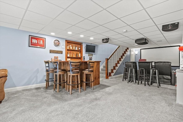 64 New Settlement Rd, Hiram, ME 04041 - indoor dry bar with carpet, a drop ceiling, and stairs