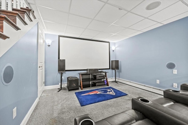 64 New Settlement Rd, Hiram, ME 04041 - carpeted home theater featuring a baseboard radiator and a drop ceiling