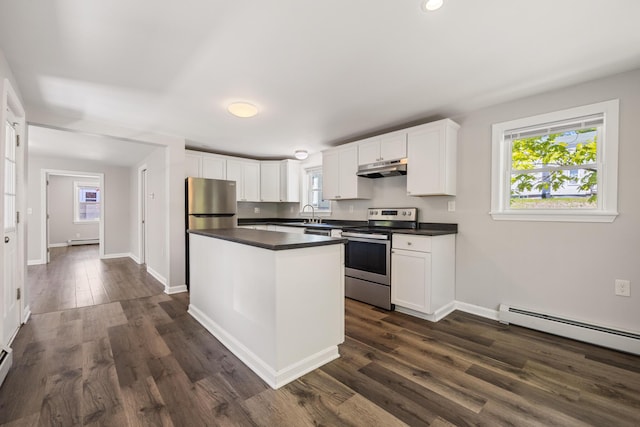 41 Parker St, Bangor, ME 04401 - kitchen with stainless steel appliances, dark wood finished floors, dark countertops, under cabinet range hood, and baseboards