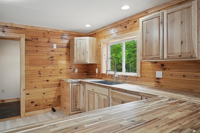 545 Back Rd, Skowhegan, ME 04976 - kitchen with a sink, light brown cabinets, wooden walls, recessed lighting, and wood counters