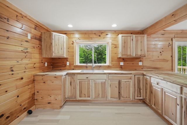 545 Back Rd, Skowhegan, ME 04976 - kitchen featuring light brown cabinetry, a sink, light countertops, healthy amount of natural light, and recessed lighting