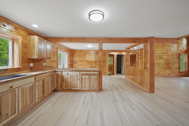 545 Back Rd, Skowhegan, ME 04976 - kitchen featuring wood walls, light wood finished floors, a sink, a peninsula, and recessed lighting