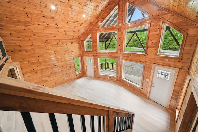 545 Back Rd, Skowhegan, ME 04976 - staircase with wooden walls, wooden ceiling, wood finished floors, and vaulted ceiling