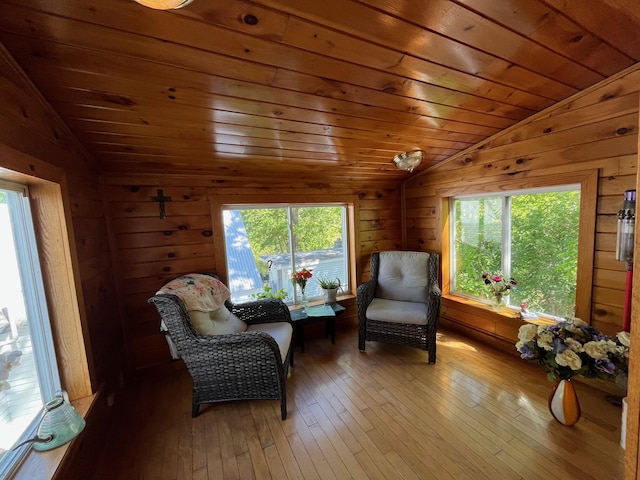 96 French St, Acton, ME 04001 - living area featuring lofted ceiling, wooden walls, wooden ceiling, and wood-type flooring