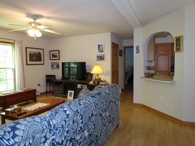 155 Crystal Cv, Waldoboro, ME 04572 - living room featuring wood finished floors, ceiling fan, arched walkways, and baseboards