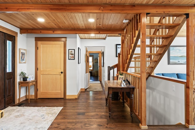 134 Zakelo Rd, Harrison, ME 04040 - entrance foyer with stairway, dark wood-style flooring, wooden ceiling with exposed beams, baseboards, and recessed lighting