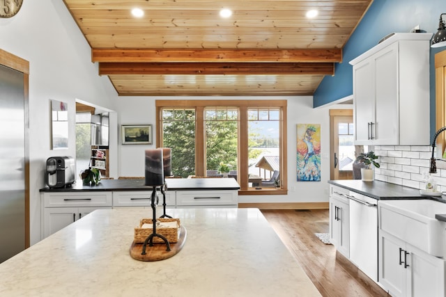 134 Zakelo Rd, Harrison, ME 04040 - kitchen featuring dishwasher, wooden ceiling, light wood-style floors, white cabinets, and recessed lighting