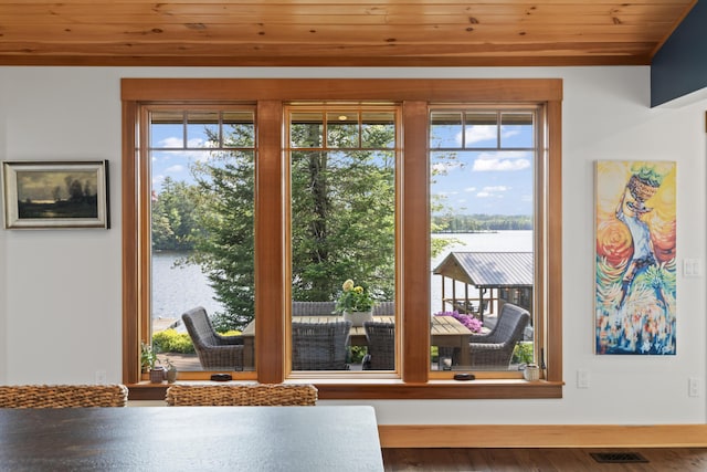134 Zakelo Rd, Harrison, ME 04040 - detailed view of wooden ceiling, a nearby body of water, and wood finished floors