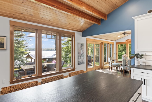 134 Zakelo Rd, Harrison, ME 04040 - kitchen featuring dark countertops, white cabinets, backsplash, wooden ceiling, and a water view