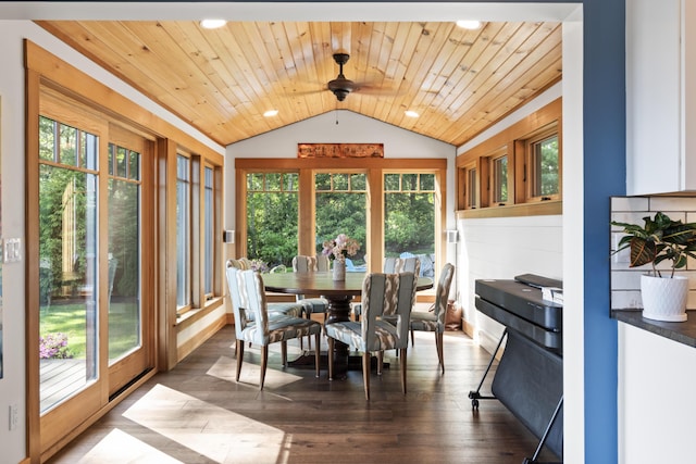 134 Zakelo Rd, Harrison, ME 04040 - dining space featuring lofted ceiling, healthy amount of natural light, wood ceiling, dark wood-style floors, and a ceiling fan