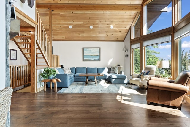 134 Zakelo Rd, Harrison, ME 04040 - living room featuring high vaulted ceiling, wood-type flooring, and stairway