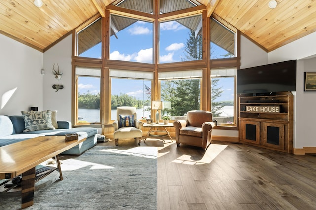 134 Zakelo Rd, Harrison, ME 04040 - living room with hardwood / wood-style flooring, high vaulted ceiling, and wooden ceiling