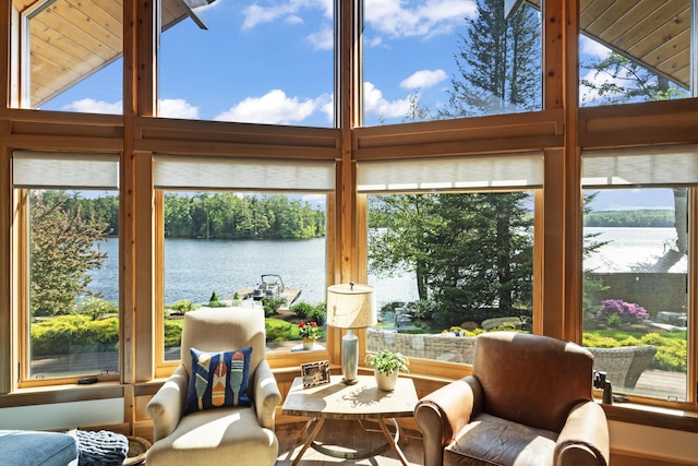 134 Zakelo Rd, Harrison, ME 04040 - sunroom featuring a water view and vaulted ceiling