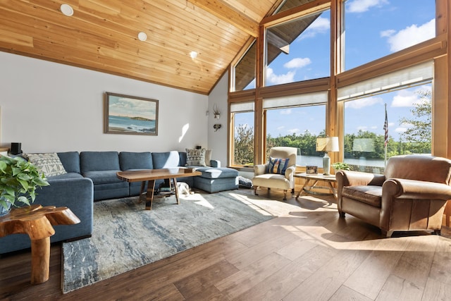 134 Zakelo Rd, Harrison, ME 04040 - living area featuring wood-type flooring, high vaulted ceiling, and wooden ceiling with exposed beams