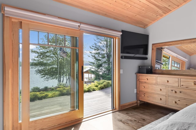 134 Zakelo Rd, Harrison, ME 04040 - bedroom with access to exterior, wooden ceiling, vaulted ceiling, dark wood-style floors, and multiple windows