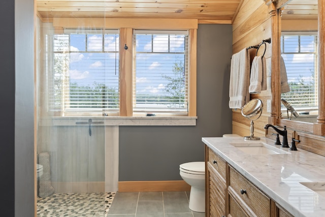 134 Zakelo Rd, Harrison, ME 04040 - bathroom featuring toilet, plenty of natural light, vanity, tile patterned flooring, and wooden ceiling