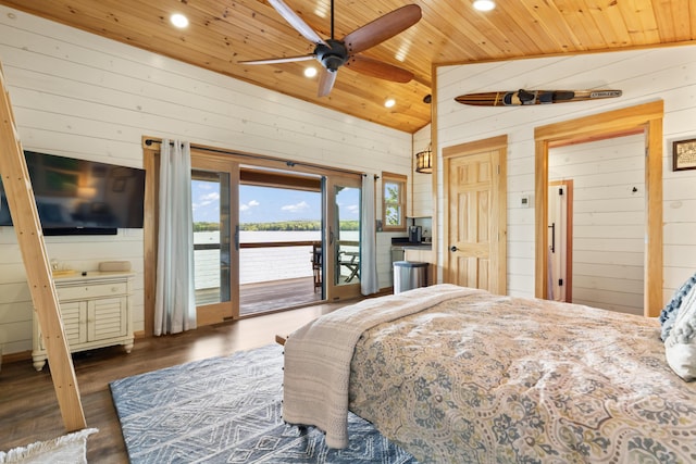134 Zakelo Rd, Harrison, ME 04040 - bedroom with wooden ceiling, access to outside, recessed lighting, wood walls, and wood finished floors