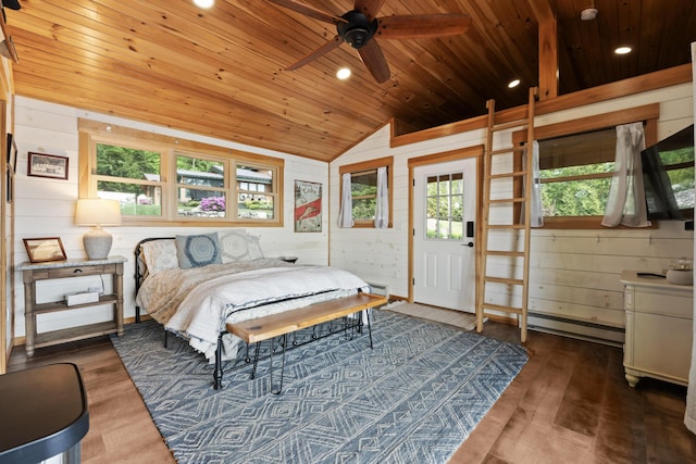 134 Zakelo Rd, Harrison, ME 04040 - bedroom featuring wooden ceiling, lofted ceiling, a baseboard radiator, wood walls, and wood finished floors