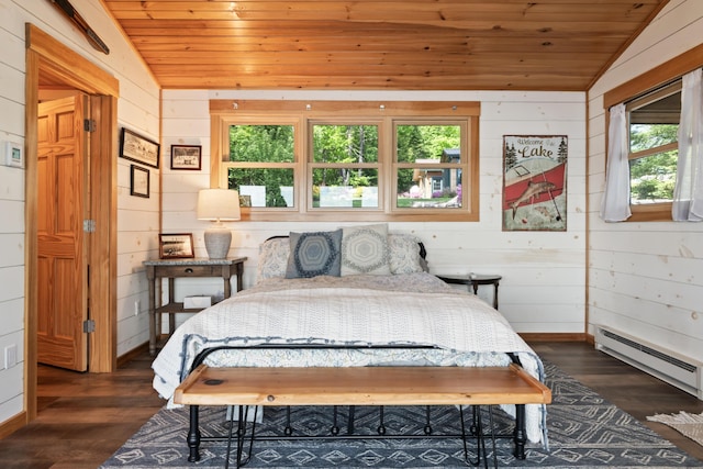 134 Zakelo Rd, Harrison, ME 04040 - bedroom with wood ceiling, lofted ceiling, a baseboard radiator, multiple windows, and wooden walls