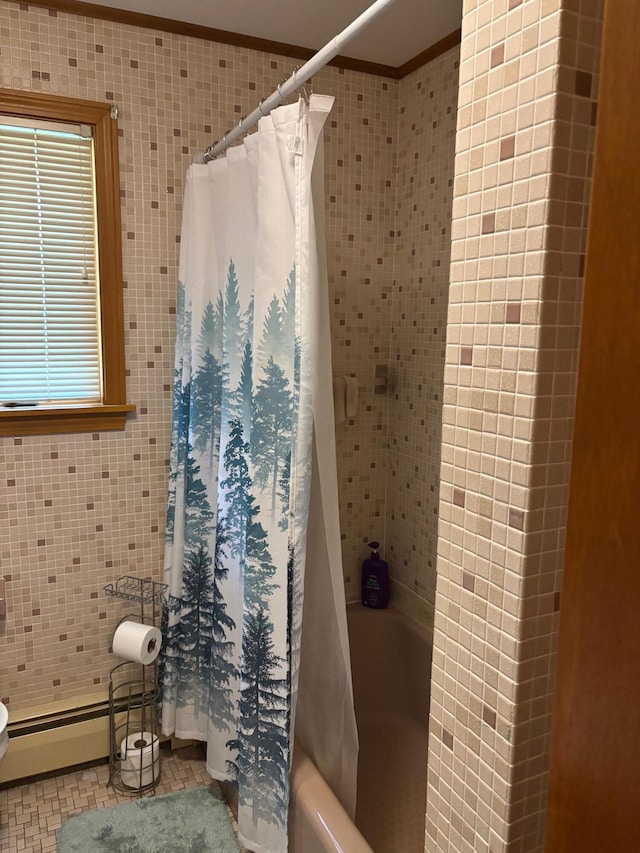 16 Steamboat St, Calais, ME 04619 - bathroom with shower / bathtub combination with curtain, ornamental molding, tile walls, and baseboard heating