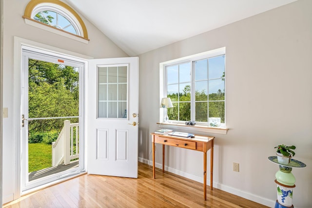 129 Lawrence Rd, Gray, ME 04039 - entryway with wood finished floors, vaulted ceiling, and baseboards