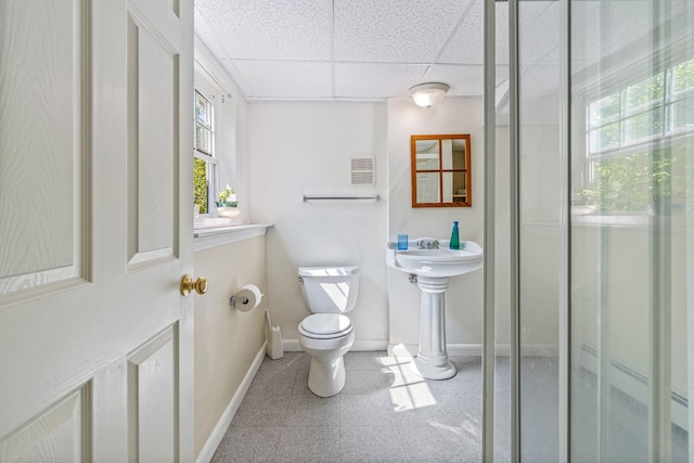 129 Lawrence Rd, Gray, ME 04039 - full bathroom with toilet, a paneled ceiling, baseboards, and a shower