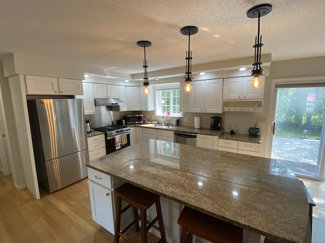 12 Cromwell Dr, Orono, ME 04473 - kitchen with appliances with stainless steel finishes, light wood-style floors, a textured ceiling, white cabinets, and under cabinet range hood