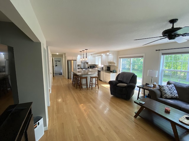 12 Cromwell Dr, Orono, ME 04473 - living room with light wood-style floors and ceiling fan
