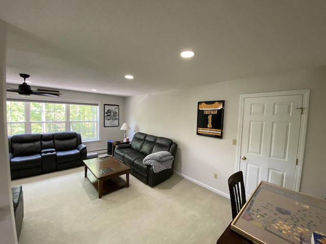 12 Cromwell Dr, Orono, ME 04473 - living room with light colored carpet, a ceiling fan, recessed lighting, and baseboard heating