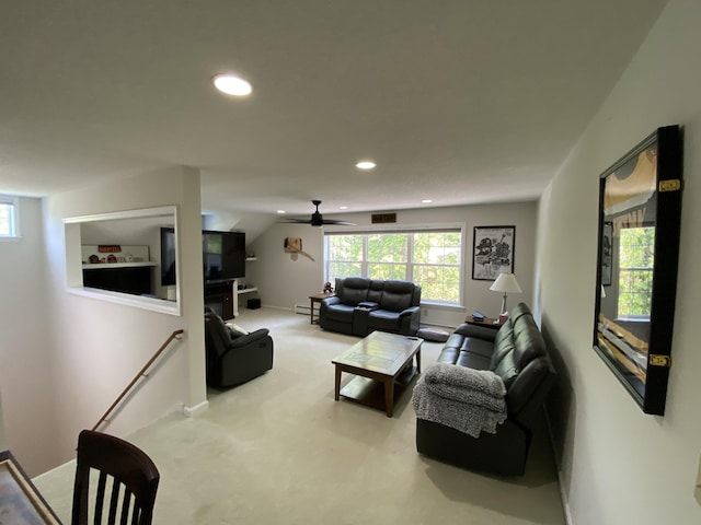 12 Cromwell Dr, Orono, ME 04473 - living area featuring baseboard heating, recessed lighting, carpet flooring, and ceiling fan